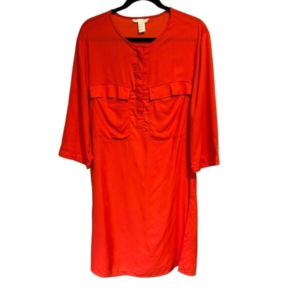 H&M Shirt Dress Orange Red Lightweight Tunic with Chest Pockets - Picture 2 of 6